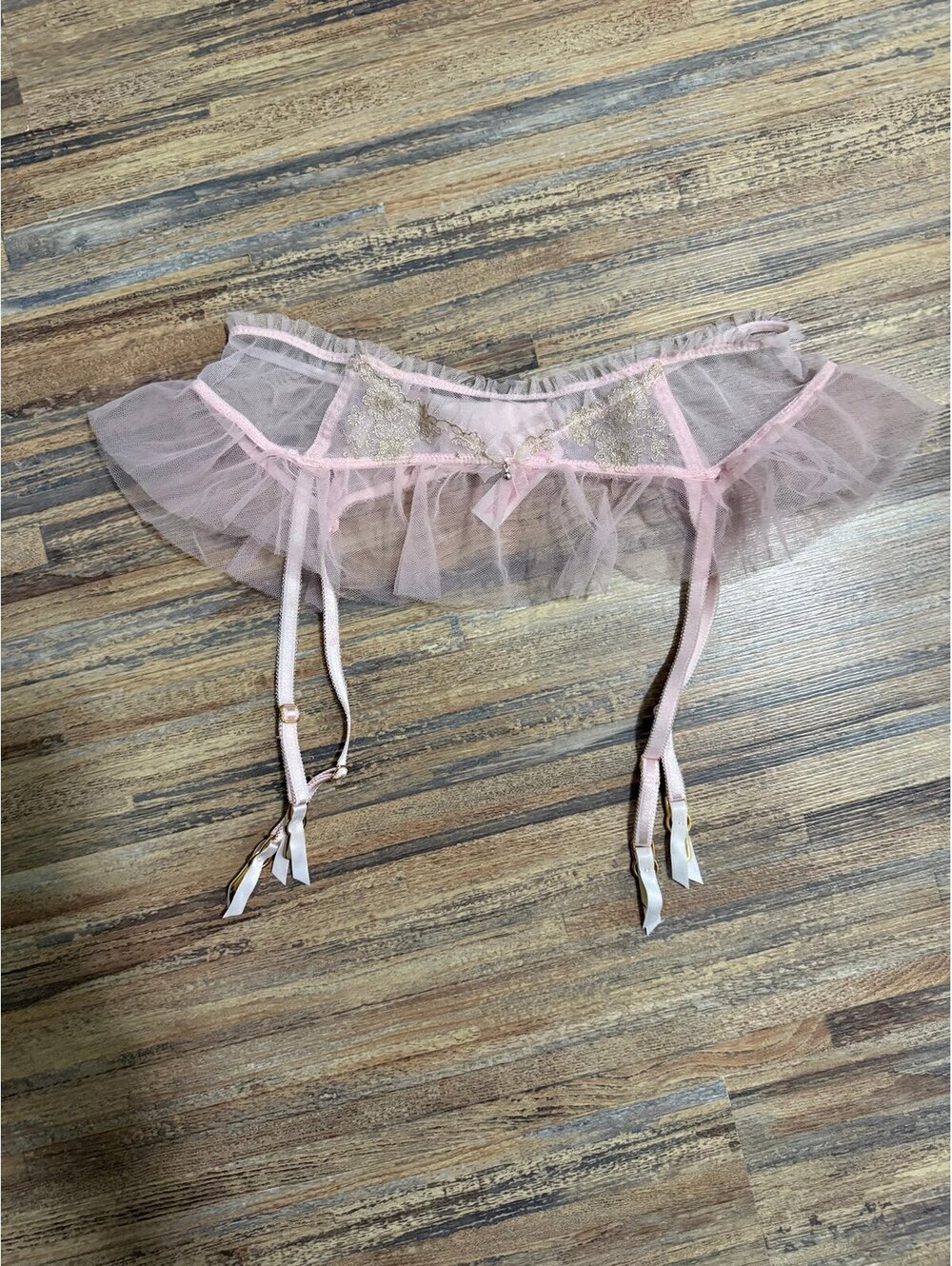 Victoria secret Pink Tulle Garter Belt with Gold Lace Detail